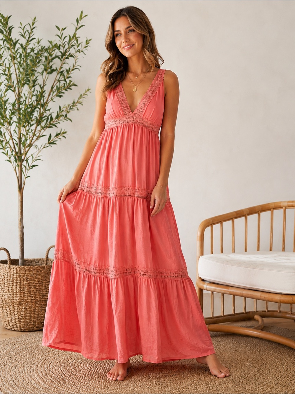 Cupshe Coral V-Neck Crochet Trim Maxi Dress NWT